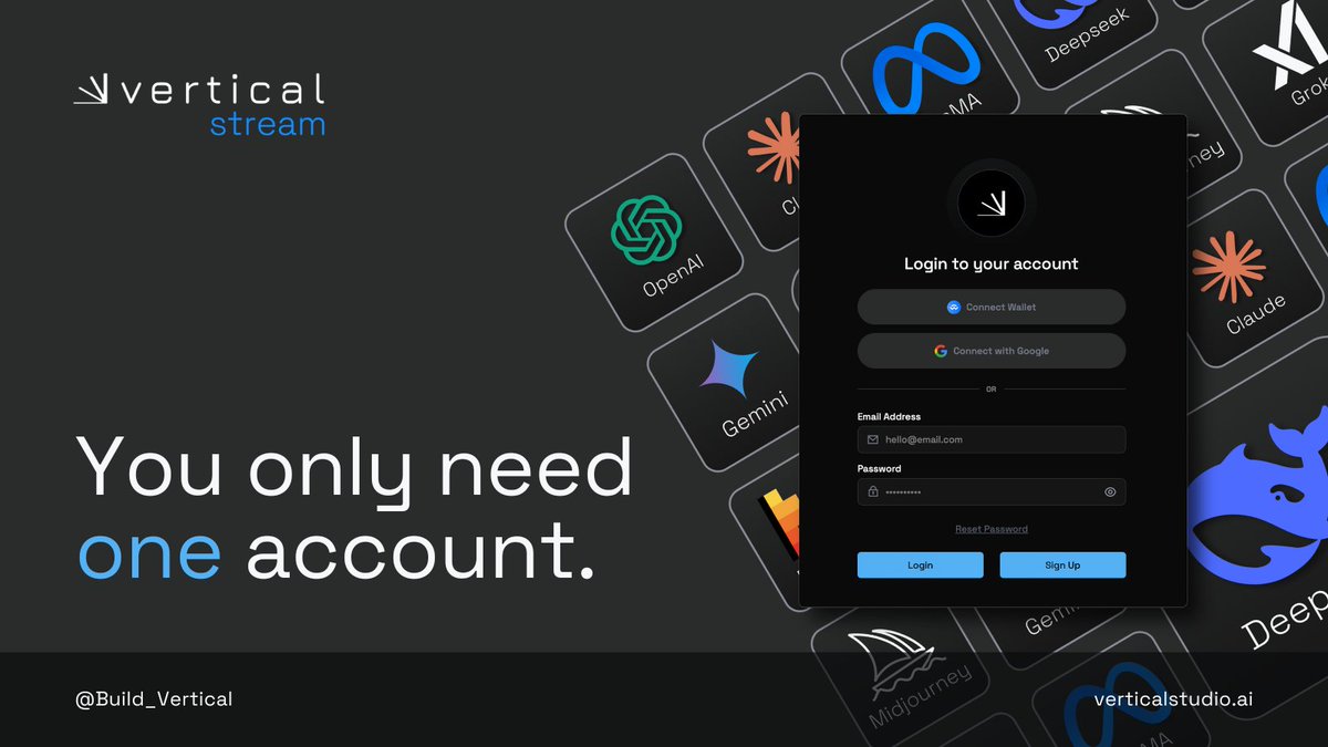 Build_Vertical's tweet image. Tired of switching between AI platforms? So are we.

What if all AI models were in one place - ready to explore, select, and use instantly 🤔

That’s exactly what’s coming with Vertical's new release.

No more endless sign-ups - 1 account is all you need. 

Coming in 6 days ⚡