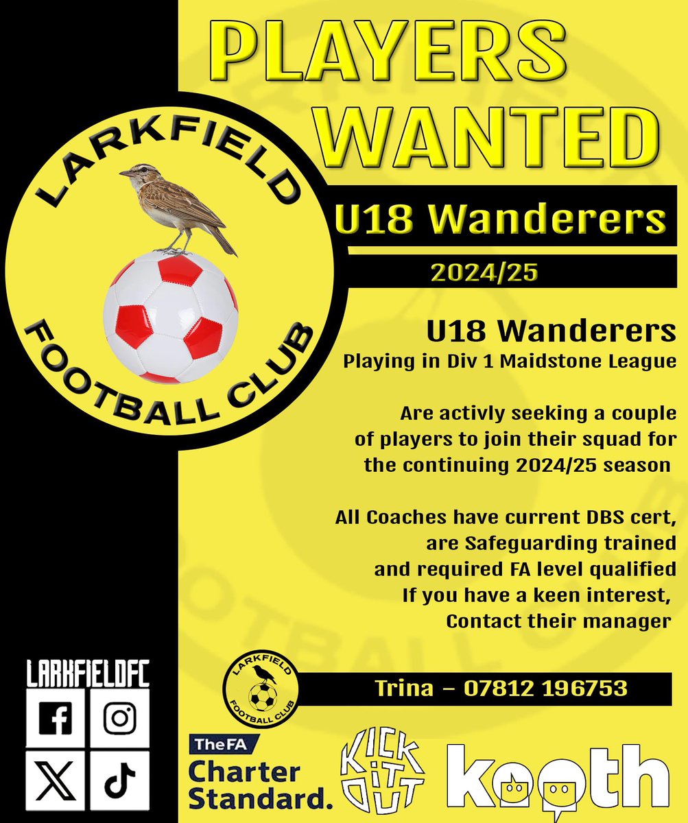 LarkfieldFC (@larkfieldfc) on Twitter photo ๐ท๐ณ๐จ๐๐ฌ๐น๐บ ๐พ๐จ๐ต๐ป๐ฌ๐ซ!
Our U18โs team are looking for a couple of players to complete their squad for the rest of the season.
Interested? all info & contact details are on the poster - Trina would love to have a chat with you ๐กโซ๏ธ
#proudcommunityclub #kentgreenunitedโป๏ธ ๐ท๐ณ๐จ๐๐ฌ๐น๐บ ๐พ๐จ๐ต๐ป๐ฌ๐ซ!
Our U18โs team are looking for a couple of players to complete their squad for the rest of the season.
Interested? all info & contact details are on the poster - Trina would love to have a chat with you ๐กโซ๏ธ
#proudcommunityclub #kentgreenunitedโป๏ธ