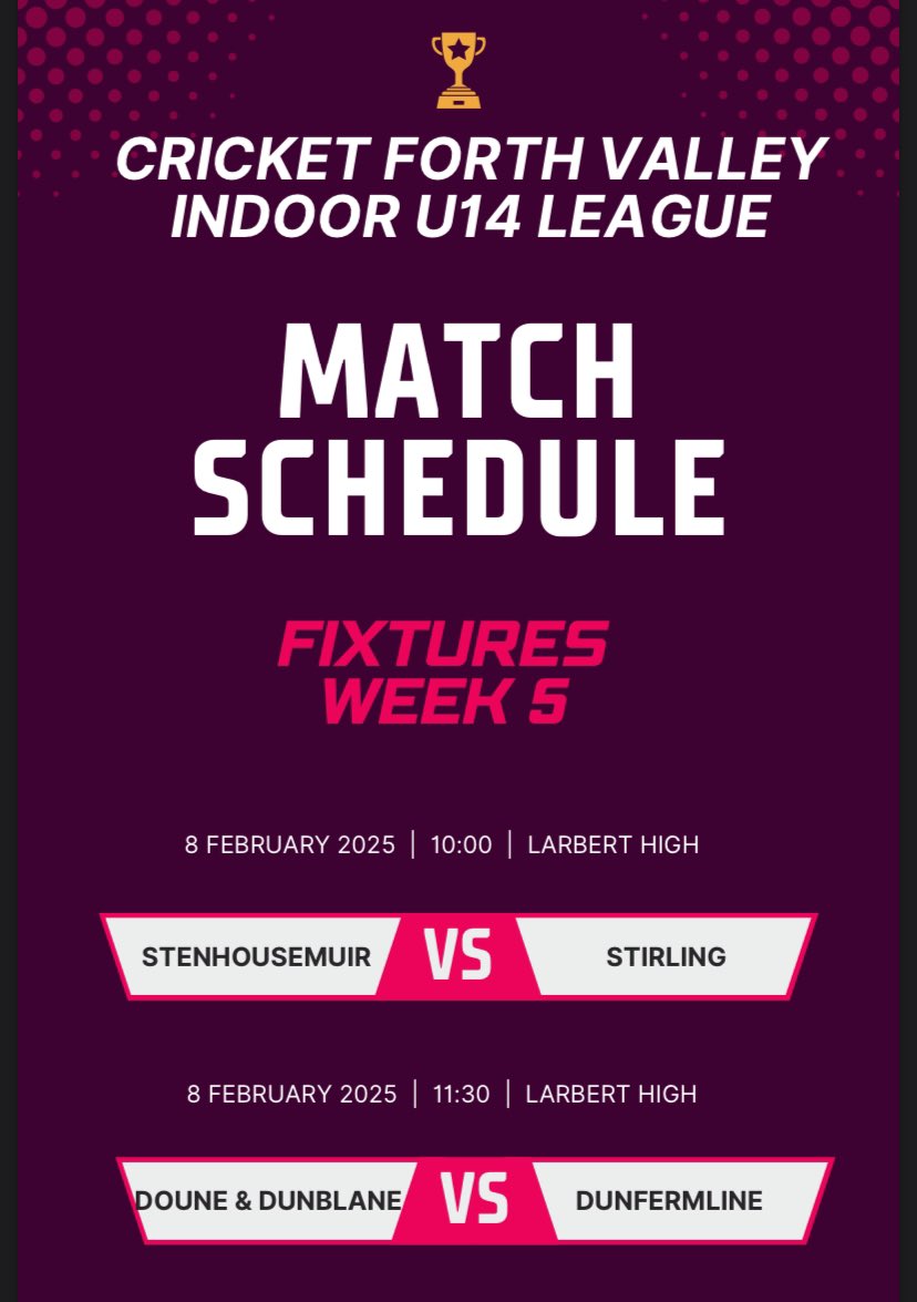 Round 5️⃣ of Cricket Forth Valley U14 Indoor League this weekend 🏆🏆🏆

Last round of the inaugural tournament which has included some excellent cricket 🏏🏏🏏