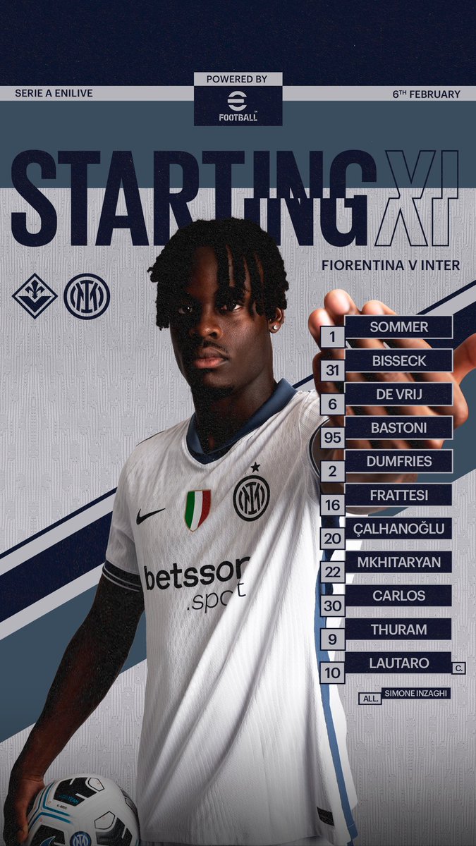 InterClub1908's tweet image. #INTER (3-5-2): 1 Sommer; 31 Bisseck, 6 De Vrij, 95 Bastoni; 2  Dumfries, 16 Frattesi, 20 Calhanoglu, 22 Mkhitaryan, 30 Carlos Augusto; 9  Thuram, 10 Lautaro.
All.:Inzaghi
Formazione ufficiale @Inter di #FiorentinaInter @SerieA #SerieA 
SEMPRE #FORZAINTER #AMALA!
💪🏻⚫🔵🖤💙🐍