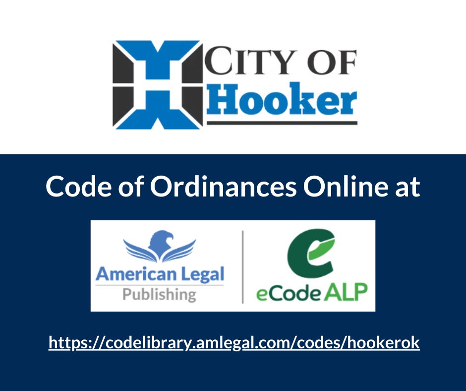 Residents of the City of Hooker, OK can view, search, share, and download their Code of Ordinances online at: codelibrary.amlegal.com/codes/hookerok. Thank you to the city for choosing American Legal Publishing to publish and host your code online.