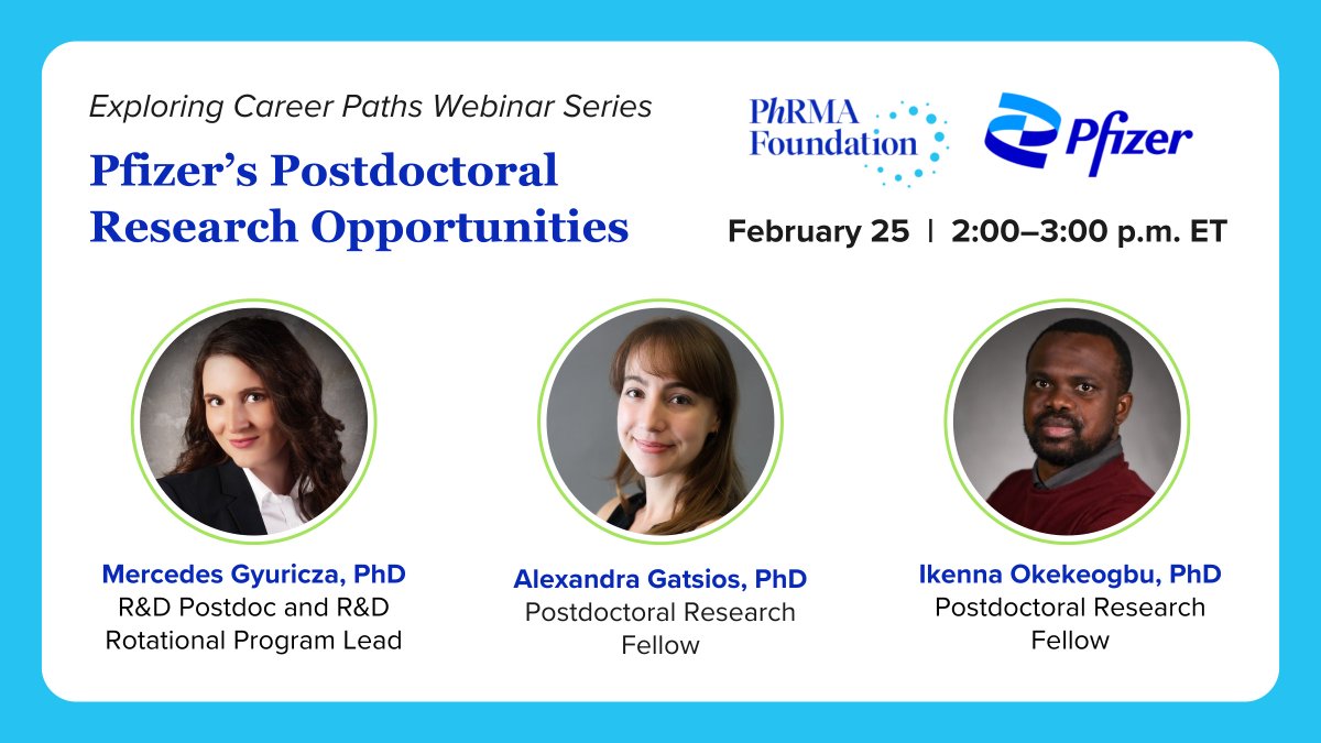 PhRMA Foundation (@phrmafoundation) on Twitter photo Join this webinar to explore whether an industry postdoc might be the right career move for you. We'll share an overview of <a href="/pfizer/">Pfizer Inc.</a>'s postdoc program and how to apply, and Pfizer fellows will discuss their experiences and answer questions.
Register: phrma.zoom.us/webinar/regist… Join this webinar to explore whether an industry postdoc might be the right career move for you. We'll share an overview of <a href="/pfizer/">Pfizer Inc.</a>'s postdoc program and how to apply, and Pfizer fellows will discuss their experiences and answer questions.
Register: phrma.zoom.us/webinar/regist…