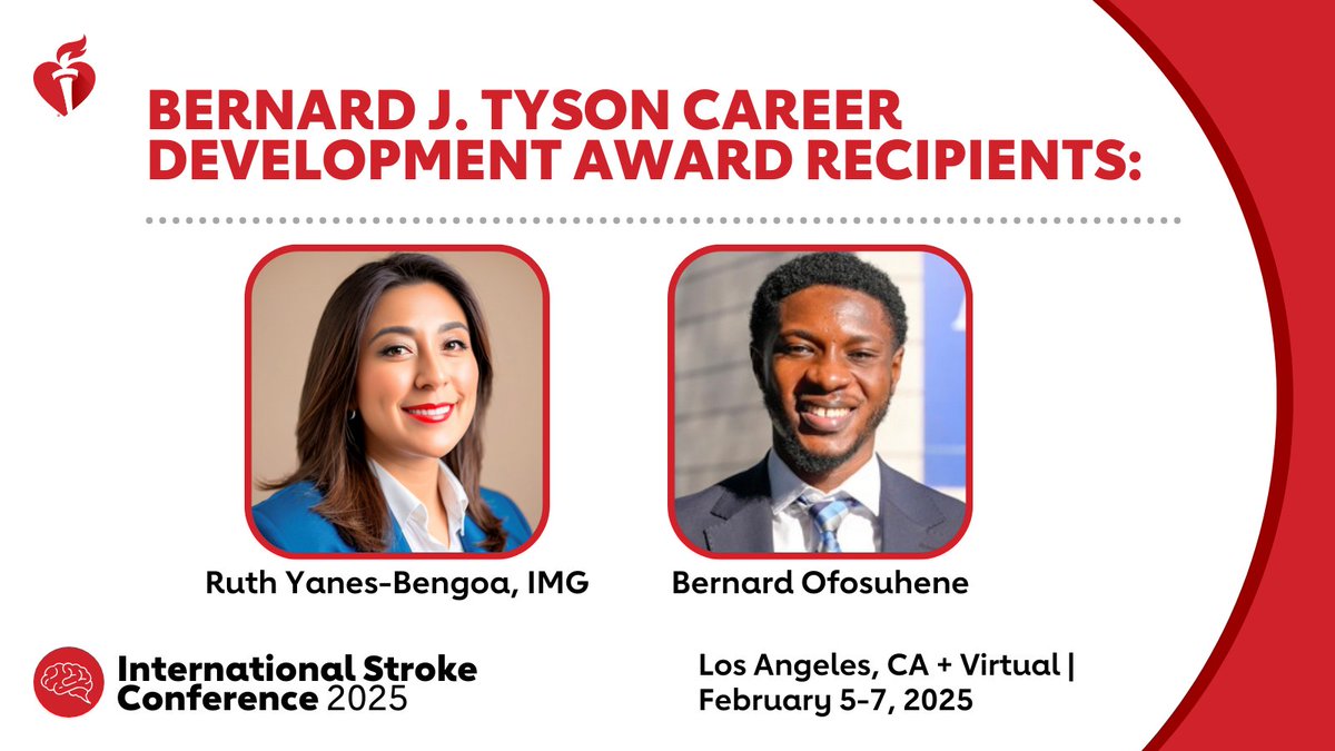AHA Science (@ahascience) on Twitter photo Congrats to Bernard Ofosuhene & Ruth Yanes-Bengoa, recipients of the Bernard J. Tyson Career Development Award.
They’ll receive a year of mentorship, networking & engagement opportunities sure to further their research careers.
#ISC25 @Ben31008029@rruth04 <a href="/UTHealthStroke/">Institute for Stroke and Cerebrovascular Diseases</a> Congrats to Bernard Ofosuhene & Ruth Yanes-Bengoa, recipients of the Bernard J. Tyson Career Development Award.
They’ll receive a year of mentorship, networking & engagement opportunities sure to further their research careers.
#ISC25 @Ben31008029@rruth04 <a href="/UTHealthStroke/">Institute for Stroke and Cerebrovascular Diseases</a>