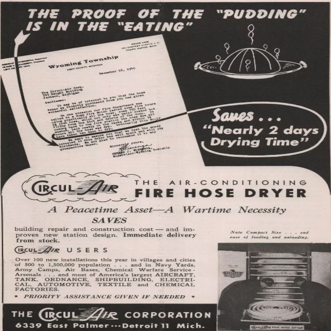 “It may be of interest to you that the hose dryer we recently purchased from you has given wonderful satisfaction.” #TBT to this grateful chief from 1944! #CirculAir is celebrating 85 years of helping departments #DryIt