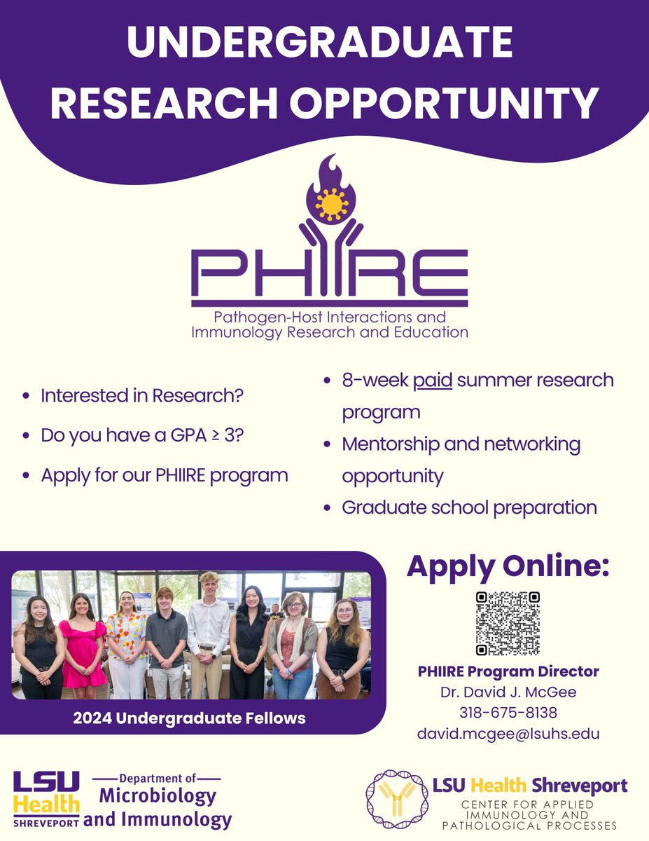 LSU Health Shreveport Microbiology and Immunology (@lsuhs_micro) on Twitter photo UNDERGRAD RESEARCH OPPORTUNITY!
This summer research program in infectious disease and immunology is a perfect opportunity for undergrads interested in research!
Application Deadline: February 28, 2025
Program: June 9 - August 1, 2025
<a href="/LSUHS/">LSU Health Shreveport</a> <a href="/LSUHSResearch/">LSU Health Shreveport Research</a> <a href="/LSUHS_PhD/">LSUHS School of Graduate Studies</a> UNDERGRAD RESEARCH OPPORTUNITY!
This summer research program in infectious disease and immunology is a perfect opportunity for undergrads interested in research!
Application Deadline: February 28, 2025
Program: June 9 - August 1, 2025
<a href="/LSUHS/">LSU Health Shreveport</a> <a href="/LSUHSResearch/">LSU Health Shreveport Research</a> <a href="/LSUHS_PhD/">LSUHS School of Graduate Studies</a>