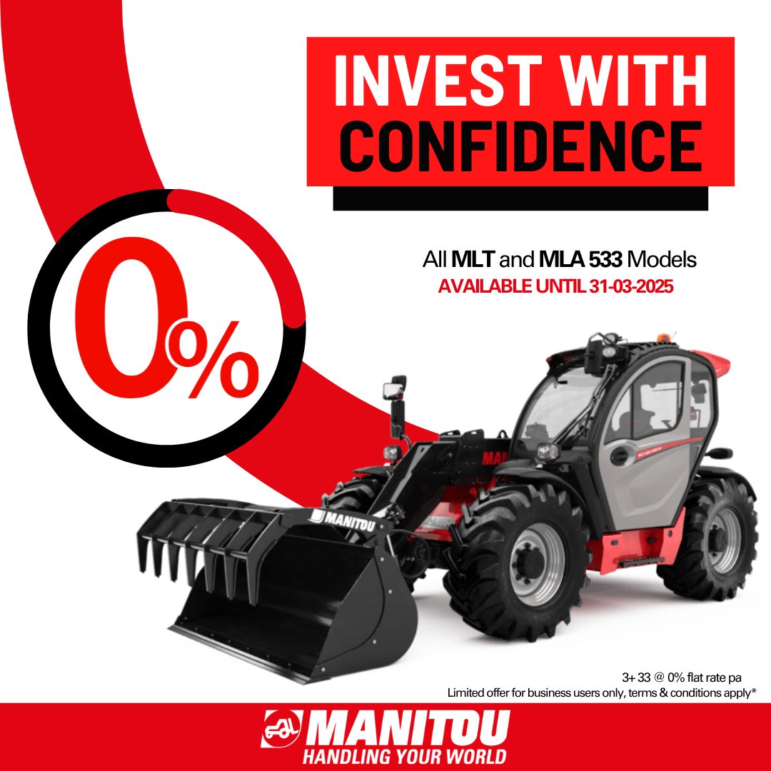 3+33 @ 0% Finance available now on all Manitou MLT and MLA Agricultural telehandlers!