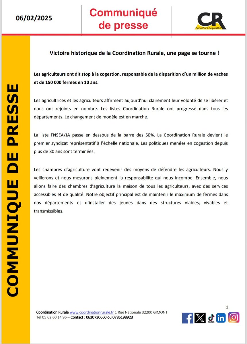 coordinationrur's tweet image. 🔴 COMMUNIQUÉ DE PRESSE : Victoire historique de la Coordination Rurale, une page se tourne !
Les agriculteurs ont dit stop à la cogestion, responsable de la disparition d’un million de vaches 
et de 150 000 fermes en 10 ans.
MERCI pour votre mobilisation et votre confiance 💛🖤…