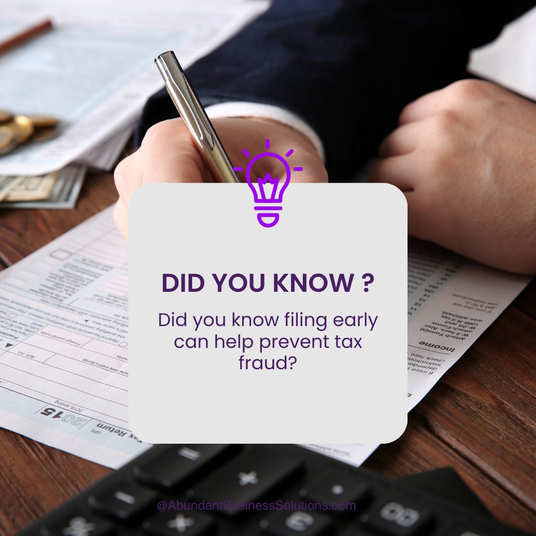 AbundantConsult's tweet image. Did you know? Filing your taxes early can help prevent tax fraud and keep your refund safe! Don&apos;t wait—get ahead today.

#FileEarly #TaxTips #abundantaxsolutions