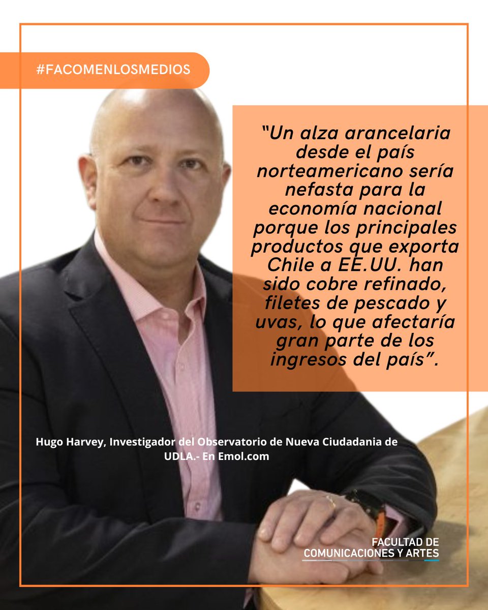 🔴 Hugo Harvey, <a href="/hugoharvey/">Hugo Harvey</a> Analista internacional y Académico de nuestra Facultad, fue consultado por <a href="/Emol/">Emol.com</a>, sobre el impacto de la política arancelaria y migratoria de Trump en Chile.
 → Lee la noticia aquí: bit.ly/42JSZdy
#ComunicadoresUDLA 
<a href="/UDLA_CL/">UDLAChile</a>