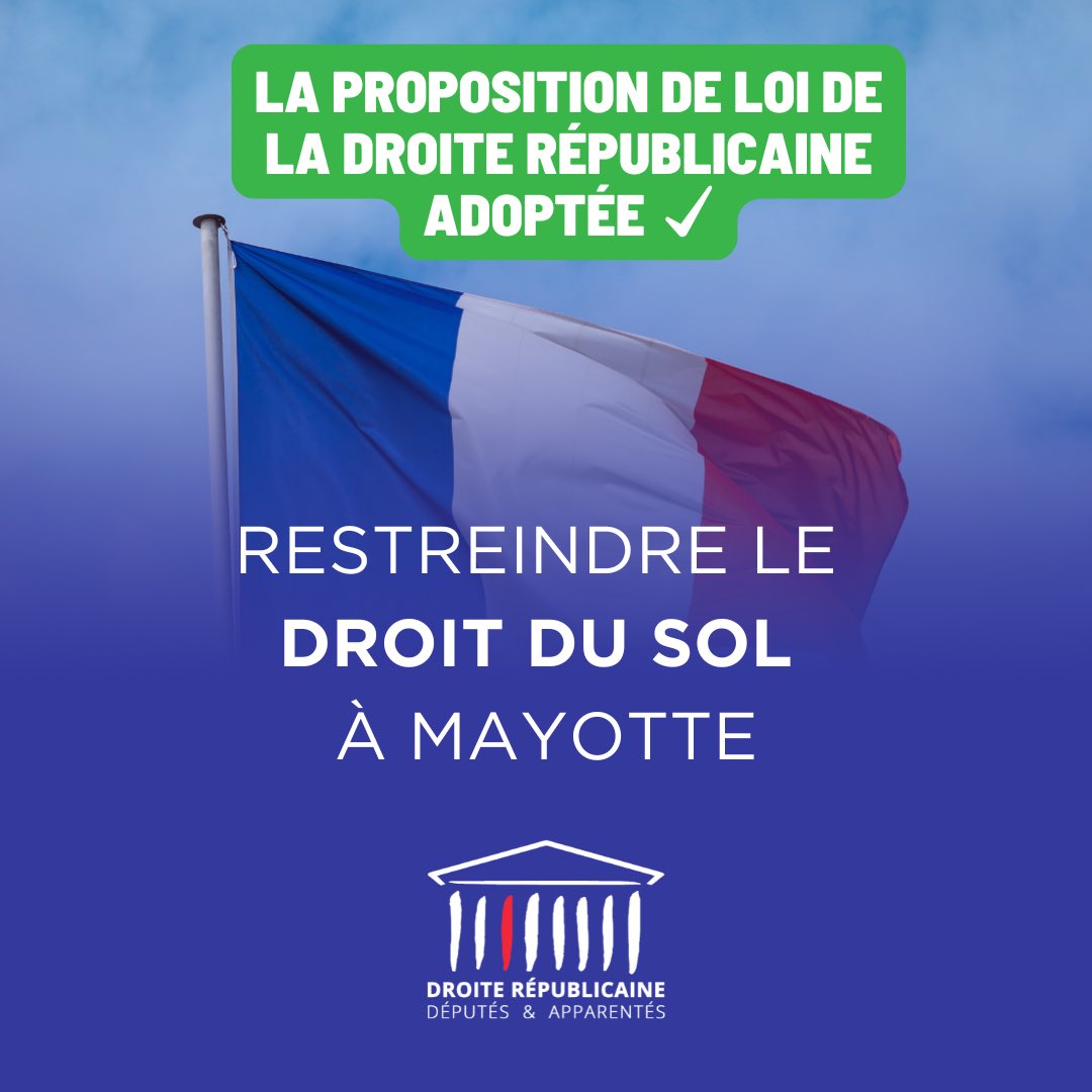 Notre proposition de loi adoptée ✅ 

🏛️ Alors que Mayotte subit depuis des années les conséquences d’une immigration illégale hors de contrôle, la Droite Républicaine a décidé de passer des paroles aux actes : nous avons fait supprimer le droit du sol pour les immigrés illégaux.