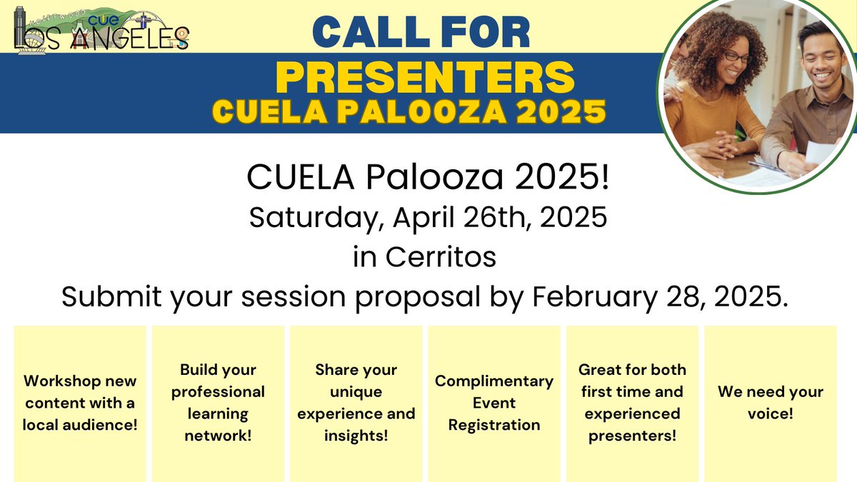 CUELA Palooza is coming April 25 in Cerritos, and we are eager to hear from you! This is your chance to share your passions and expertise with a vibrant community. Submit your proposal at bit.ly/PresentPalooza…