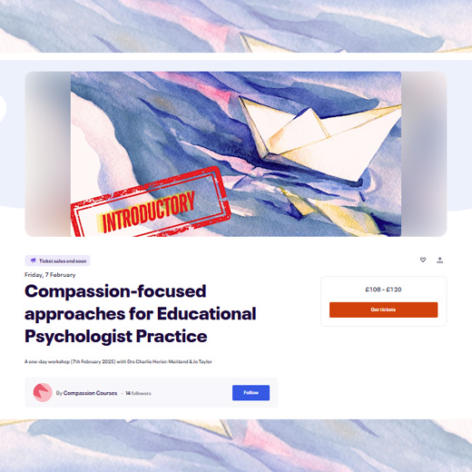 1/2 You've still got time to sign-up for tomorrow's 'Compassion-focused approaches for Educational Psychologist Practice' with Dr Charlie Heriot-Maitland and Dr Jo Taylor. 

#compassionfocused #educationalpsychology #psychologistpractice