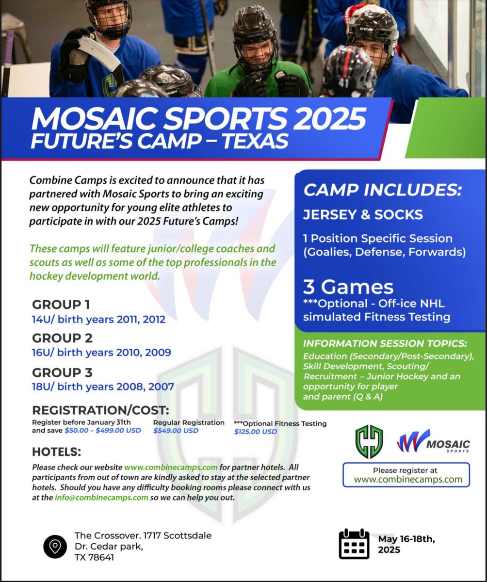 🚨 **The 2025 Mosaic Sports Future’s Camp is HERE!! **🚨

📍 Where &amp; When?

✅ Anaheim, CA – April 4-6
✅ Austin, TX – May 16-18

🚀 Spots Are Limited – Secure Yours Now!
🔗 Registration link: combinecamps.com/register-us/