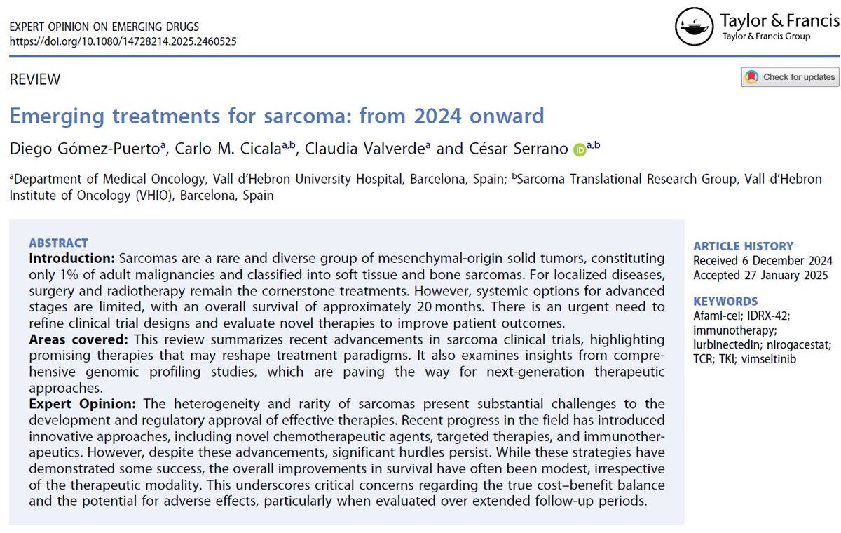 César Serrano García (@drcesarcoma) on Twitter photo 🧐Willing to stay tuned for the latest advances and upcoming efforts in #ClinicalTrials in #Sarcomas?
Check this review nicely arranged by <a href="/DiegoAGomez1/">Diego Gomez-Puerto</a> <a href="/Serrano_Lab/">Serrano Lab</a> and colleagues from <a href="/VHIO/">Vall d’Hebron Institute of Oncology (VHIO)</a> <a href="/vallhebron/">Vall d'Hebron</a> just out of the oven 🔥
➡️tandfonline.com/doi/10.1080/14… 🧐Willing to stay tuned for the latest advances and upcoming efforts in #ClinicalTrials in #Sarcomas?
Check this review nicely arranged by <a href="/DiegoAGomez1/">Diego Gomez-Puerto</a> <a href="/Serrano_Lab/">Serrano Lab</a> and colleagues from <a href="/VHIO/">Vall d’Hebron Institute of Oncology (VHIO)</a> <a href="/vallhebron/">Vall d'Hebron</a> just out of the oven 🔥
➡️tandfonline.com/doi/10.1080/14…