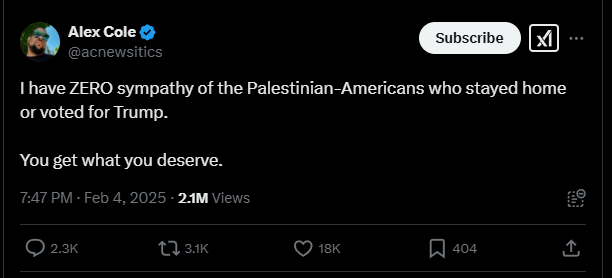 InfamousDi49366's tweet photo. Dems have lost a generation of support.

After Trump won, instead of recognizing the moral failures of the Democratic Party sponsoring a genocide with full military and geopolitical support, they doubled down with hatred.

A vast majority of us are lifelong Dems. Not anymore. https://t.co/sXoFkK977Z