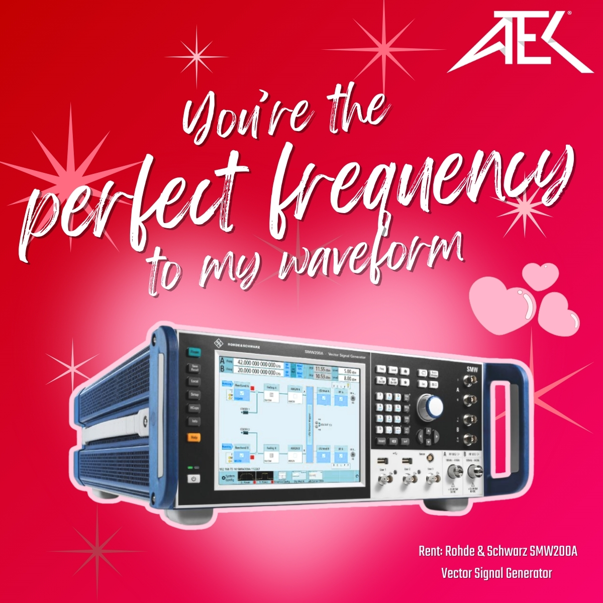 You + ATEC rentals = the perfect match this Valentine’s Day! 💌
Test with precision using the Rohde &amp; Schwarz SMW200A.

#ValentinesDay #TestEquipment #ATEC #TestandMeasurement #VSG #SignalGenerator #Innovation #Engineering