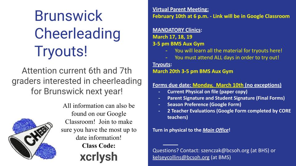 BRUNSWICK MIDDLE SCHOOL
CHEERLEADING TRY-OUTS
FOR THE 2025-2026 SCHOOL YEAR