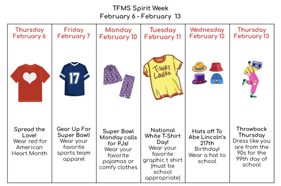 TFMS Spirit Week has commenced! Tomorrow wear your favorite sports team apparel to prepare for Sunday’s big game. #TFpantherpride