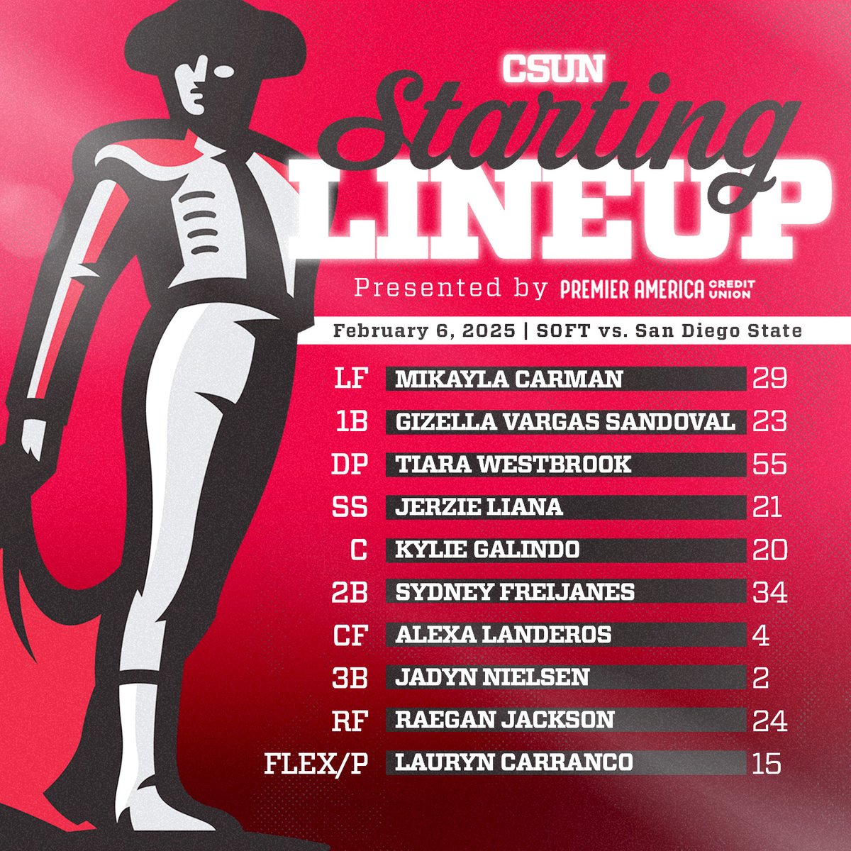 Our starting lineup for Game #1!! Let's go Matadors!