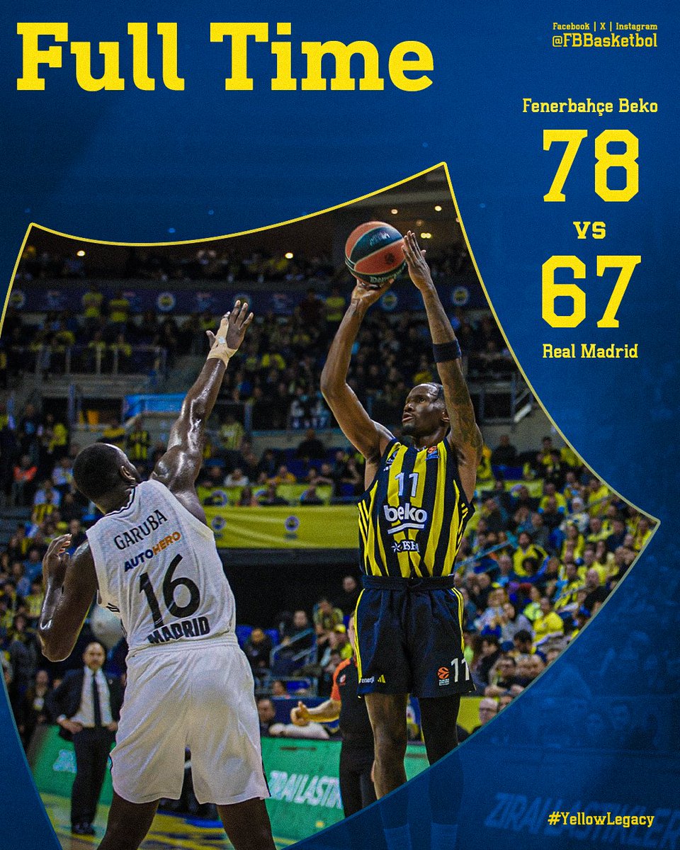 MAÇ BİZİM! 💪

Tebrikler Fenerbahçe Beko! 👏

Maç Sonucu | Fenerbahçe Beko 🆚 Real Madrid: 78-67

Skor dağılımımız: Hayes-Davis 20, McCollum 19, Guduric 10, Biberovic 7, Hall 6, Zagars 5, Pierre 4, Colson 4 Melli 3. #YellowLegacy