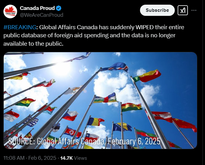 KEriksenV2's tweet image. #BREAKING 

The Canadian Government has just wiped the gov website of all Foreign Aid spending records. I believe this is in response to the USAID scandal.  

Expect distractions. Stay focused on this.

@elonmusk @realDonaldTrump @JackPosobiec