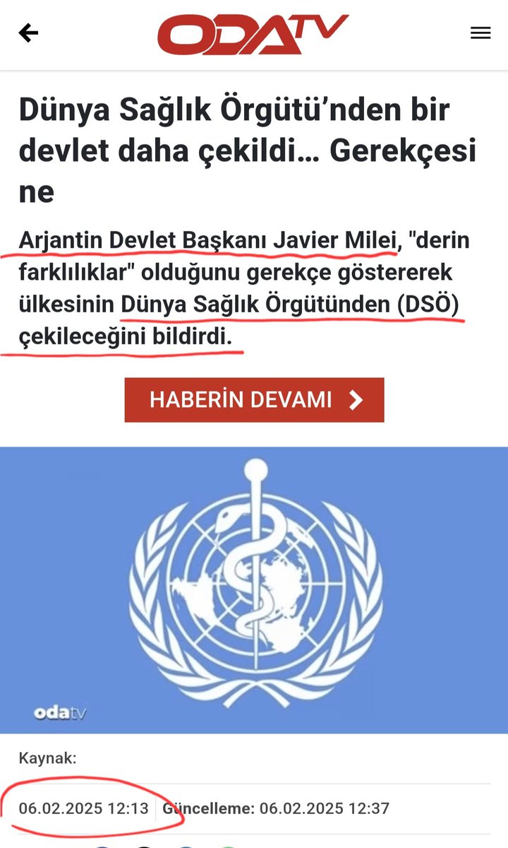 a_hatunoglu's tweet photo. Milletimizin canı, ülkemizin egemenliği ABD ve Arjantin'in vatandaşlarından ve egemenliğinden daha mı değersiz?
Arjantin Devlet Başkanı Javier Milei, Dünya Sağlık Örgütünden (DSÖ) çekileceğini bildirdi.
Hemde niçin biliyormusunuz?
Arjantin'in DSÖ'den fon almadığına işaret ederek, "Biz Arjantinliler, bırakın sağlığımızı, Uluslararası bir kuruluşun egemenliğimize müdahale etmesine izin vermeyeceğiz. diyor.
Biz 5 yıldır ne diyorduk...