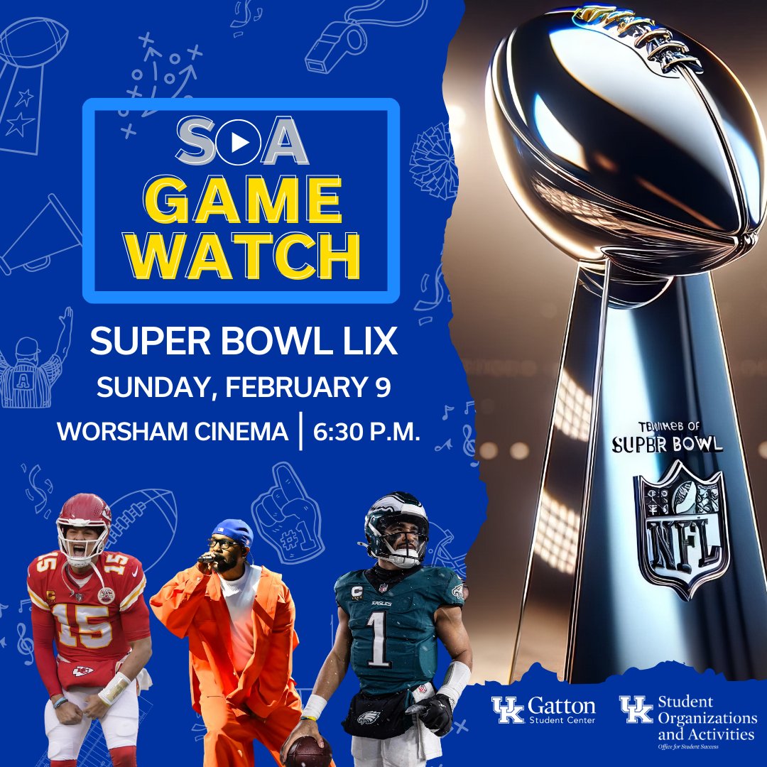 Come see the big game on the big screen! We will be broadcasting Super Bowl LIX live this Sunday in Worsham Cinema! Don't forget the halftime show performance by Kendrick Lamar! Free super bowl snacks will be provided to students. Game starts at 6:30pm! 🏈