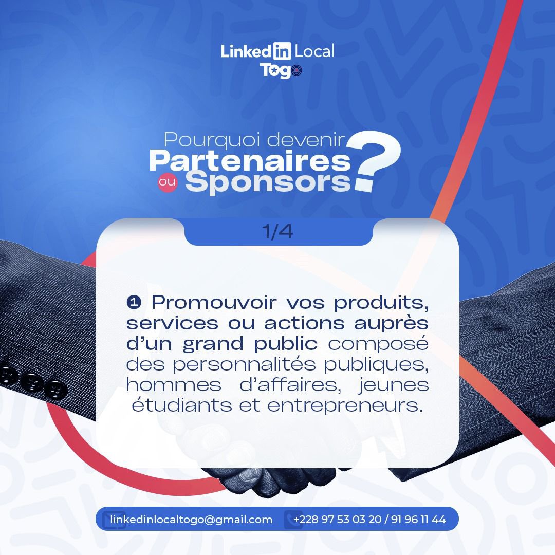 LinkedlnTg's tweet photo. POURQUOI DEVENIR PARTENAIRE OU SPONSOR DE LA PREMIÈRE ÉDITION DU LINKEDIN LOCAL TOGO 🇹🇬❓

Faites-vous enregistrer pour être contacté par l’Equipe du Linkedln Local Togo 🇹🇬 via ce formulaire : https://t.co/2WD5fL2G9o

#LinkedInLocalTogo #Partenariat #Sponsoring #Réseautage https://t.co/oskqAHOd3W