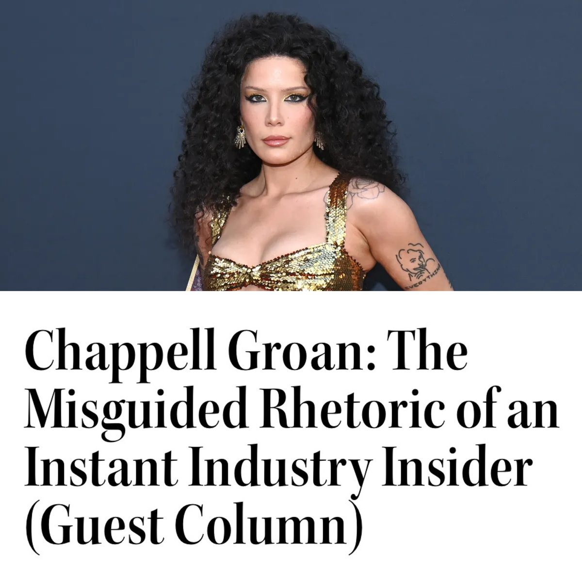 PopCrave's tweet photo. Halsey calls out The Hollywood Reporter for publishing a guest column criticizing Chappell Roan’s “misguided” Grammys speech about artist compensation: 

“I hope you’re embarrassed of the absolute personal attack you’ve ran and disguised as critical journalism.” https://t.co/vjXF2Rq6MT