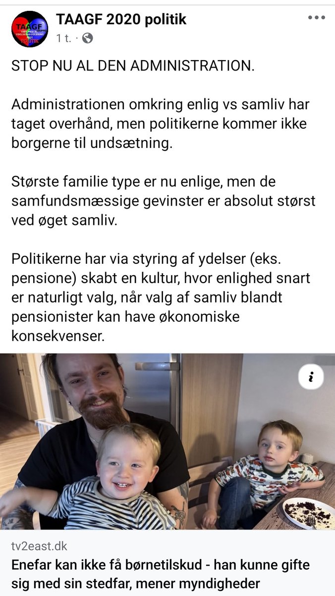 GIFT DIG MED DIN MORS MAND!

Er <a href="/Beskaeft_Min/">Beskæftigelsesministeriet</a>'isteren enig med Udbetaling Danmark og Ankestyrelsen i, at det var intentionen, at en søn ikke er enlig far, fordi han kan gifte sig med sin stedfar?
<a href="/TarpCPH/">David Tarp</a> <a href="/AneHalsboe/">Ane Halsboe</a>
facebook.com/share/p/1B3yng…