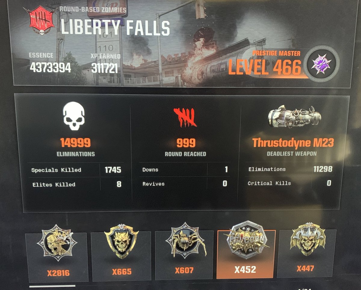 Exmples's tweet photo. Finally hit 999 No Gobblegums on Liberty Falls with 1 down it should’ve been a flawless game and a much better world record spot to hold but I was stupid and looked away at another stream for a second and got knocked but gg https://t.co/kvH7cWvjQE