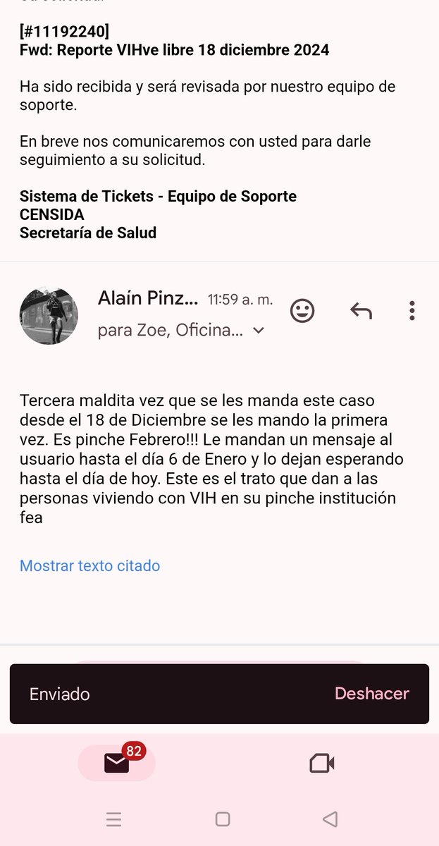 Oye <a href="/zoerobledo/">Zoé Robledo</a> la persona que tienes a cargo del programa de VIH está rascándose todo mientras a ti va a ser a quien te hagamos las protestas. No puede explicarse como este usuario lleva desde el 18 de Diciembre sin medicamentos, van tres pinches correos y tú jefe de programa es