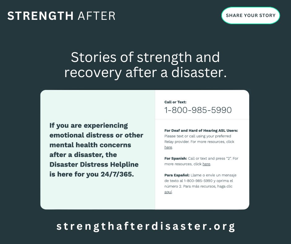 distressline's tweet photo. If you've been impacted by a disaster, your recovery journey can help empower and inspire others. Visit https://t.co/DRBmRfCzBf today to explore others' stories and consider sharing your story of strength and resilience. #StrengthAfter https://t.co/UyTWgXI0Kx