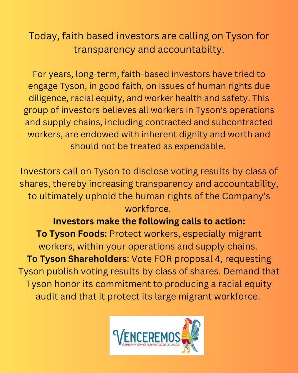 Today, during the Tyson’s shareholders meeting, Magaly Licolli moved the faith investor proposal filed by the American Baptist Home mission Societies and 9 co-filers, asking for the company to disclose the voting results according to the class of shares. 
iasj.org/investors-call…