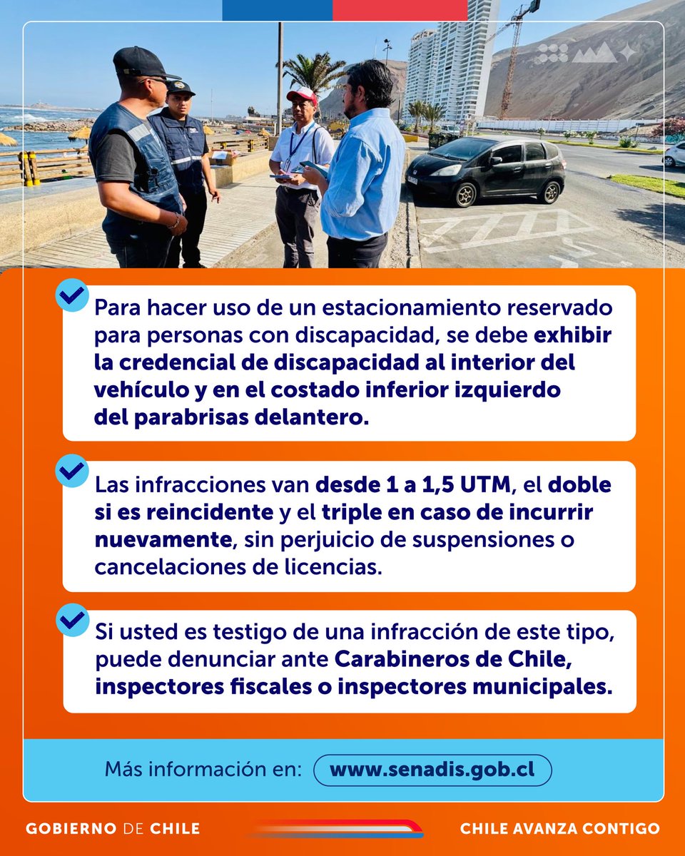 ¡La inclusión es todo el año! 

☀️🏖️ Si sales de vacaciones recuerda respetar los estacionamientos reservados de uso exclusivo para personas con discapacidad. 

⚠️ Su uso indebido es una infracción grave.
