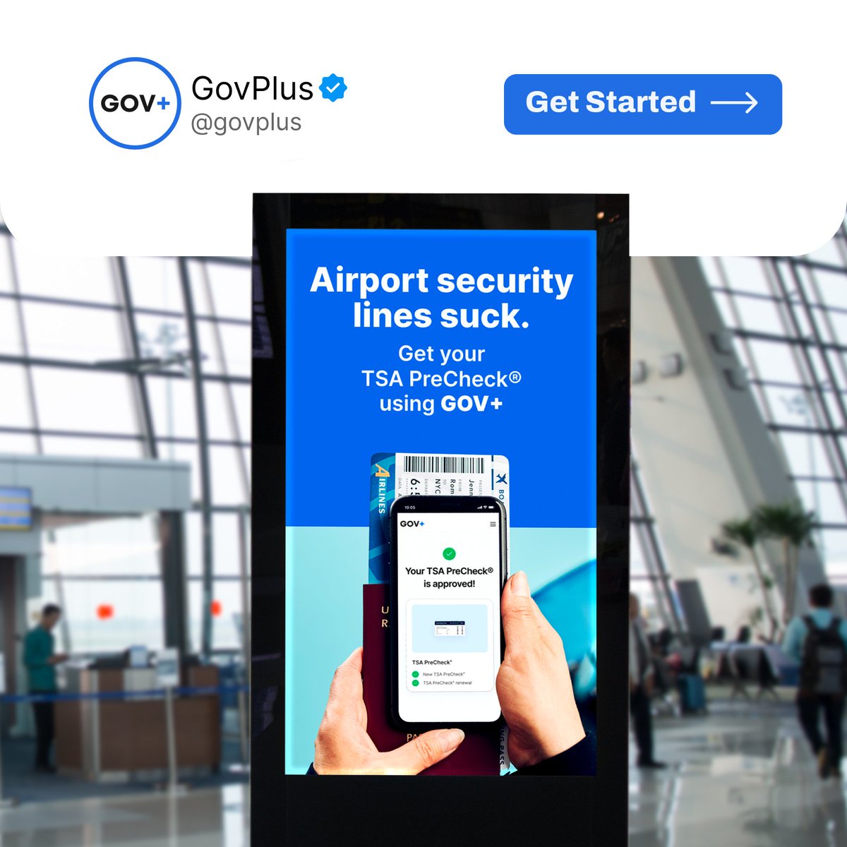 govplus's tweet photo. Sick of airport security lines?

Get TSA PreCheck in just a few days! We'll handle the paperwork, book your appointment &amp; send you your results. Say goodbye to long wait times and hello to stress-free travel! Apply now.