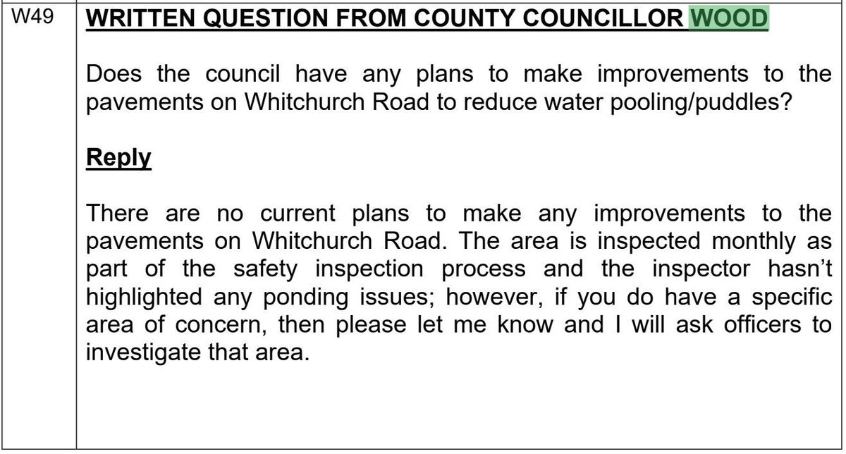 🌊  Getting investment into Whitchurch Rd is a key priority for us, including sorting the pavements and puddles making the street difficult for lots of residents and visitors to navigate.

Here's Ashley's recent question to council 👇 
buff.ly/3WNHeiO