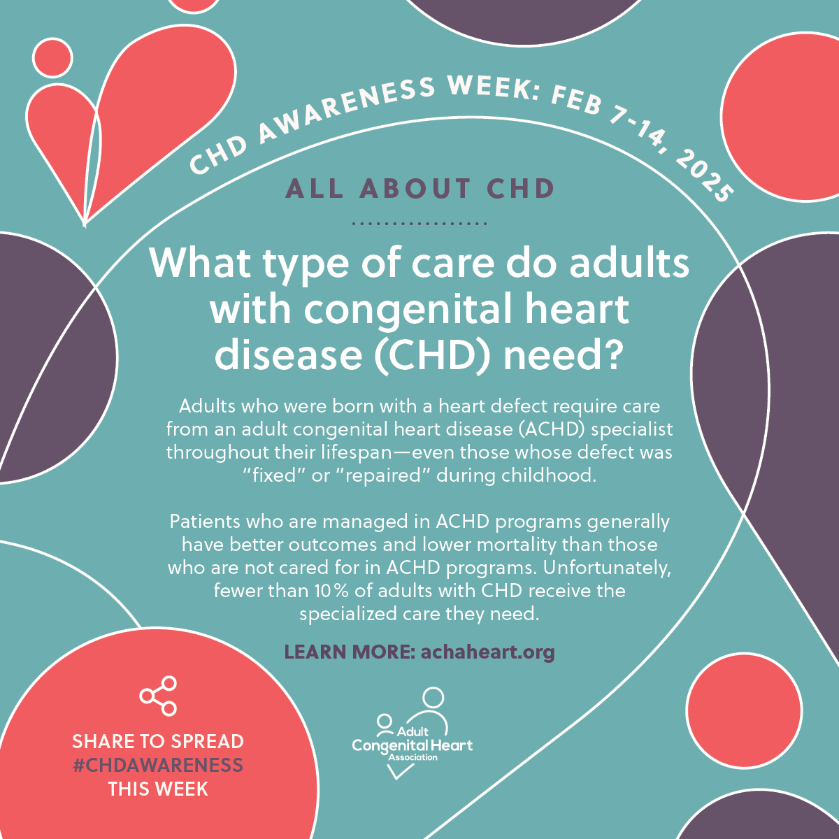 Happy #CHDAwarenessWeek! ❤️ At ACHA, we’re dedicated to ensuring that every adult with #CHD receives specialized cardiac care. Every day, we work toward making this vision a reality—but we need your help!

By sharing this message, you can help us reach more adults born with a