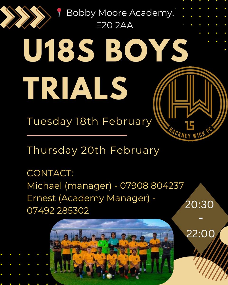 HackneyWickFC's tweet image. BOYS TRIALS

Please see the below flyers for details of our upcoming 2025/26 boys trials!

@HWFC_Academy @HWFC_U16 @HWFC_U18s @HWFC_U14s