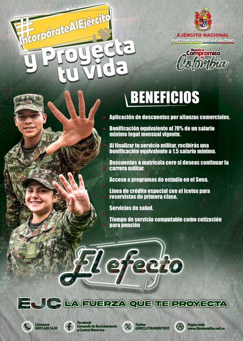 Estos son algunos de los beneficios que recibirás sí prestas el servicio militar. No esperes más y proyecta tu vida en el <a href="/COL_EJERCITO/">Ejército Nacional de Colombia</a> 

#IncorpórateAlEjército