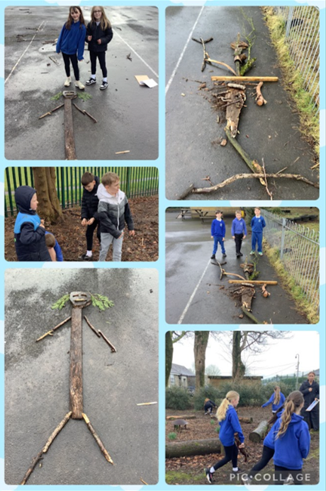 Working outdoors,  using found materials to create skeletons, based on our research. 🩻🦴