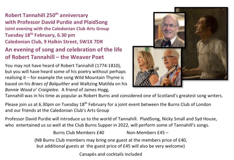 Bookings for our Robert Tannahill event will be closing on 11 February. 
Do book soon!  It promises to be an excellent evening: Tues 18 February at the Caledonian Club 🏴󠁧󠁢󠁳󠁣󠁴󠁿
