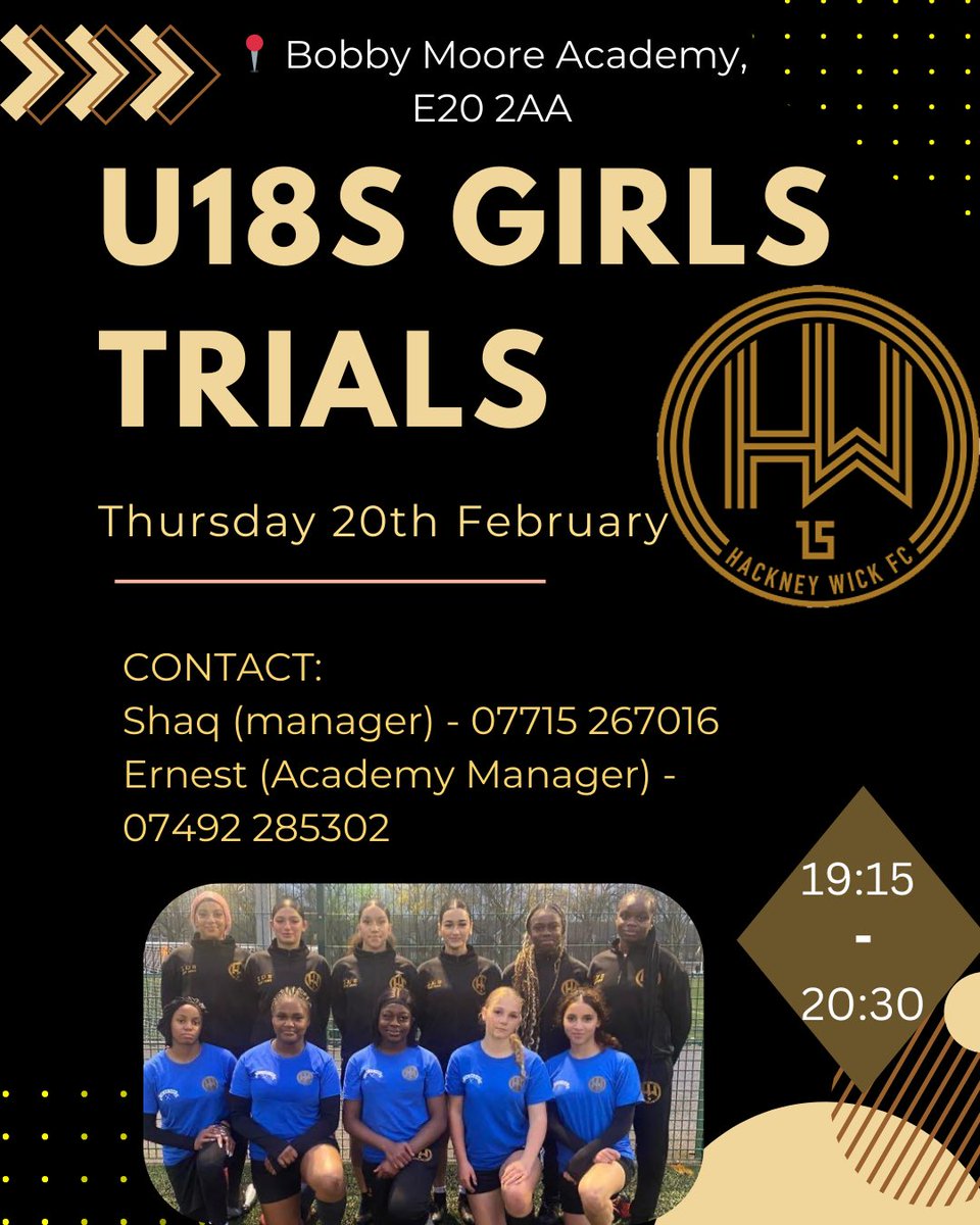 HackneyWickFC's tweet image. GIRLS TRIALS

Please see the below flyers for details of our upcoming 2025/26 girls trials!

@HWFC_Academy @HWFC_U18Girls @HWFC_U14s