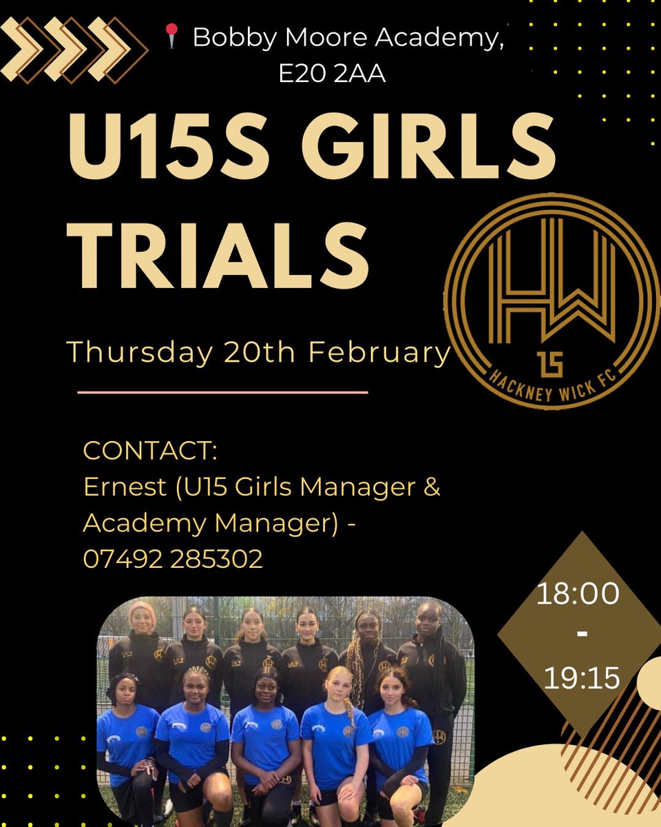 HackneyWickFC's tweet image. GIRLS TRIALS

Please see the below flyers for details of our upcoming 2025/26 girls trials!

@HWFC_Academy @HWFC_U18Girls @HWFC_U14s
