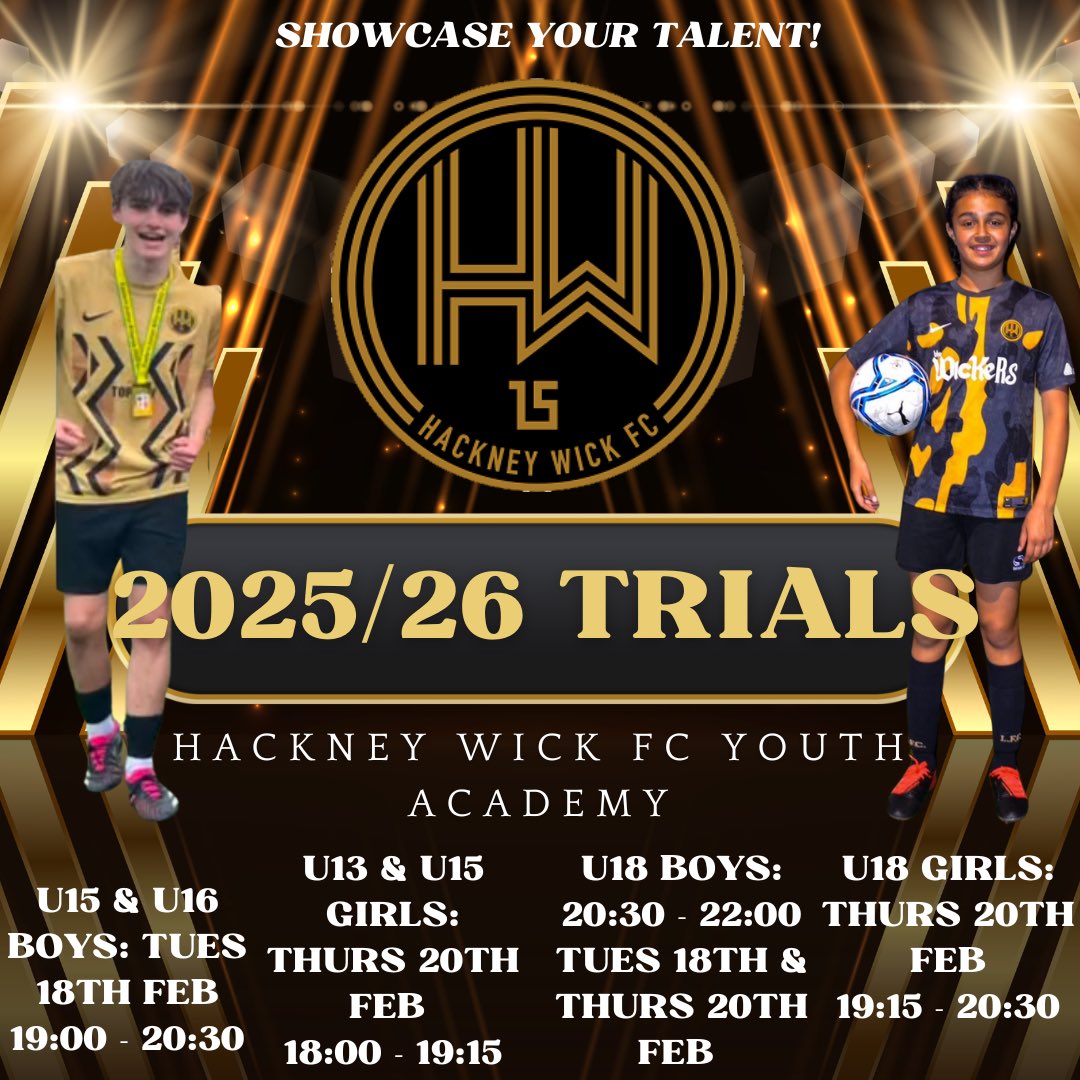 HackneyWickFC's tweet image. GIRLS TRIALS

Please see the below flyers for details of our upcoming 2025/26 girls trials!

@HWFC_Academy @HWFC_U18Girls @HWFC_U14s