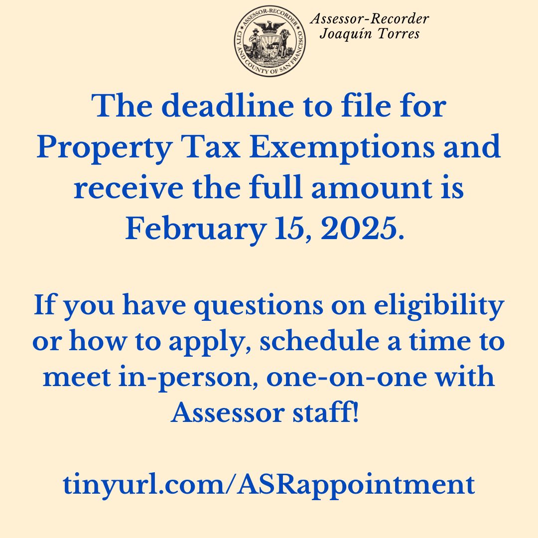 The deadline to file and receive the full amount of a property tax exemption is February 15th! 

Whether it’s a homeowners’ or disabled veteran’s exemption, or exemptions for non-profits and others —my staff is available to meet 1-1 and walk you through the process!
