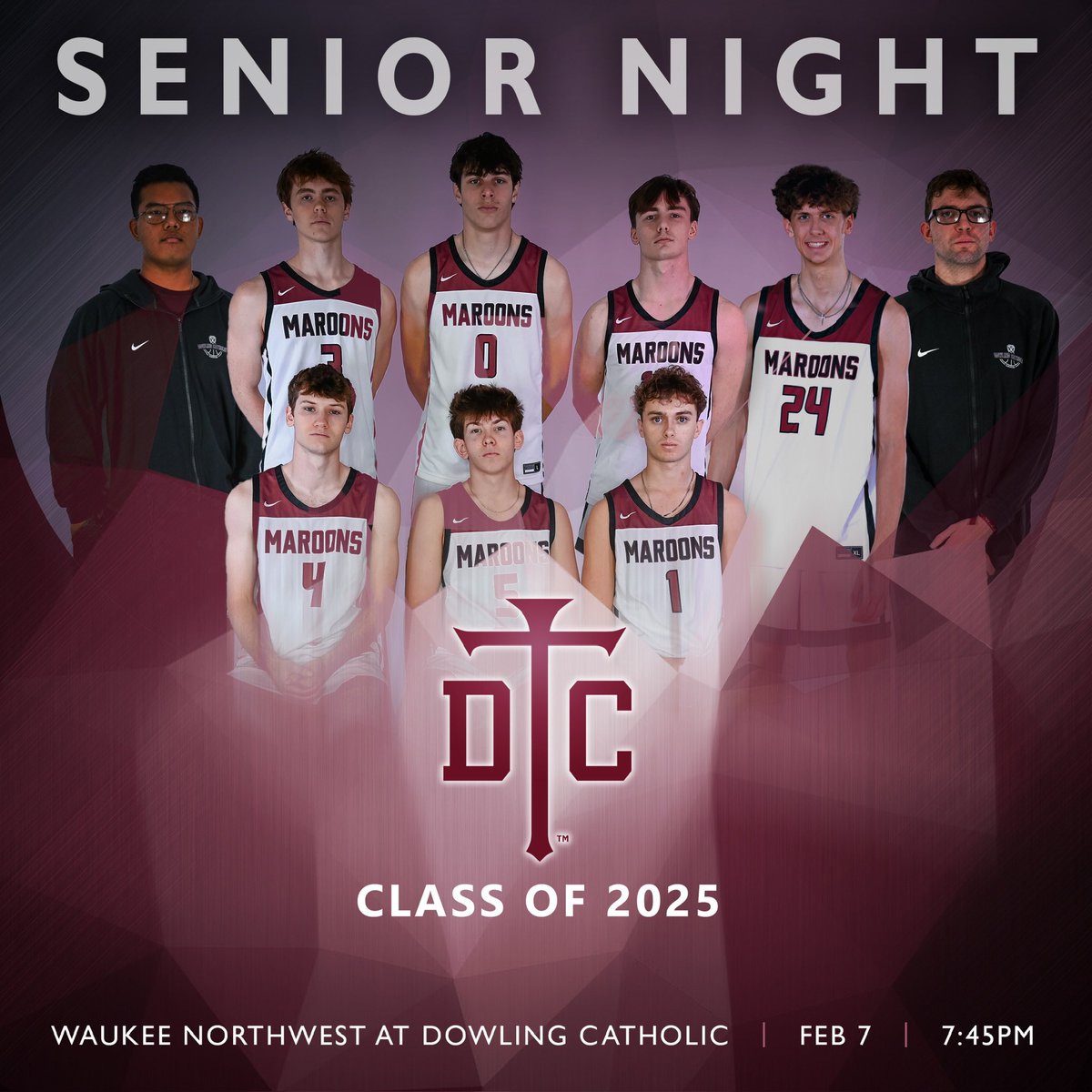 Senior Night tomorrow night.  These individuals will be honored tomorrow night for their contributions and dedication to the DCHS basketball program!  Class of 2025.