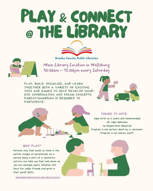 BrookePublic's tweet photo. Play & Connect Saturdays continue this month. Bring the little ones down to the BCPL for some indoor fun and games! 🧸📚🧩
#playandconnect #toddlertime #programalert #libraryevents https://t.co/odXNGQfpzx
