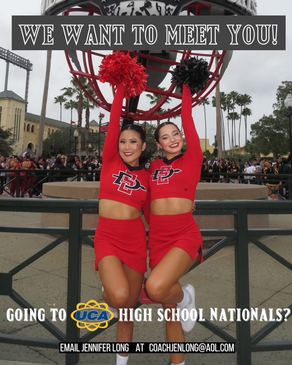 SDSUCheer's tweet photo. Going to UCA High School Nationals? We want to meet you! Email Jennifer Long at coachjenlong@aol.com 🖤
.
.
.
#SDSUCheerleading #YouCantHaveMyAztecLife
#CollegeCheer #R2AM #TogetherWeRise #AR3T
#WeAreAztecs #Cheerleading #SanDiegoState #MFWB #ucahighschoolnationals https://t.co/st1ezxky0x