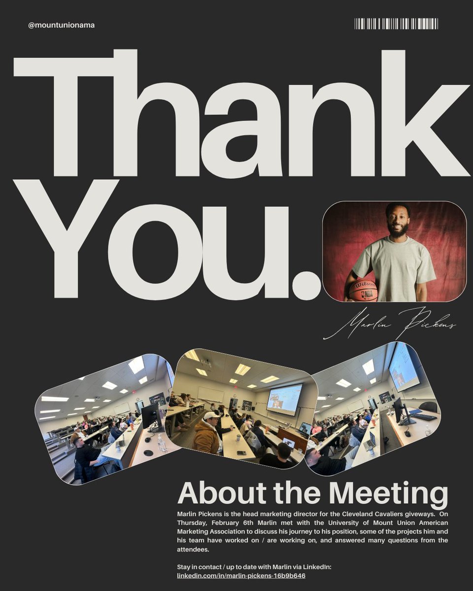 MountUnionAMA_'s tweet photo. We would like to give a huge shoutout to Marlin Pickens for joining our AMA chapter today via Teams and talking about what he and his marketing group do for the Cleveland Cavaliers organization!

#MountUnionAMA
#ClevelandCavaliers #LetEmKnow  
@AYO_Marlin 
@mountunion https://t.co/n68OuvhPpl